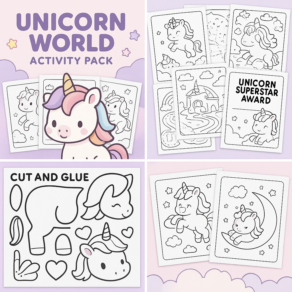 Unicorn World – Activity Pack da 30 Pagine Stampabili per Bambini (2–8 Anni)