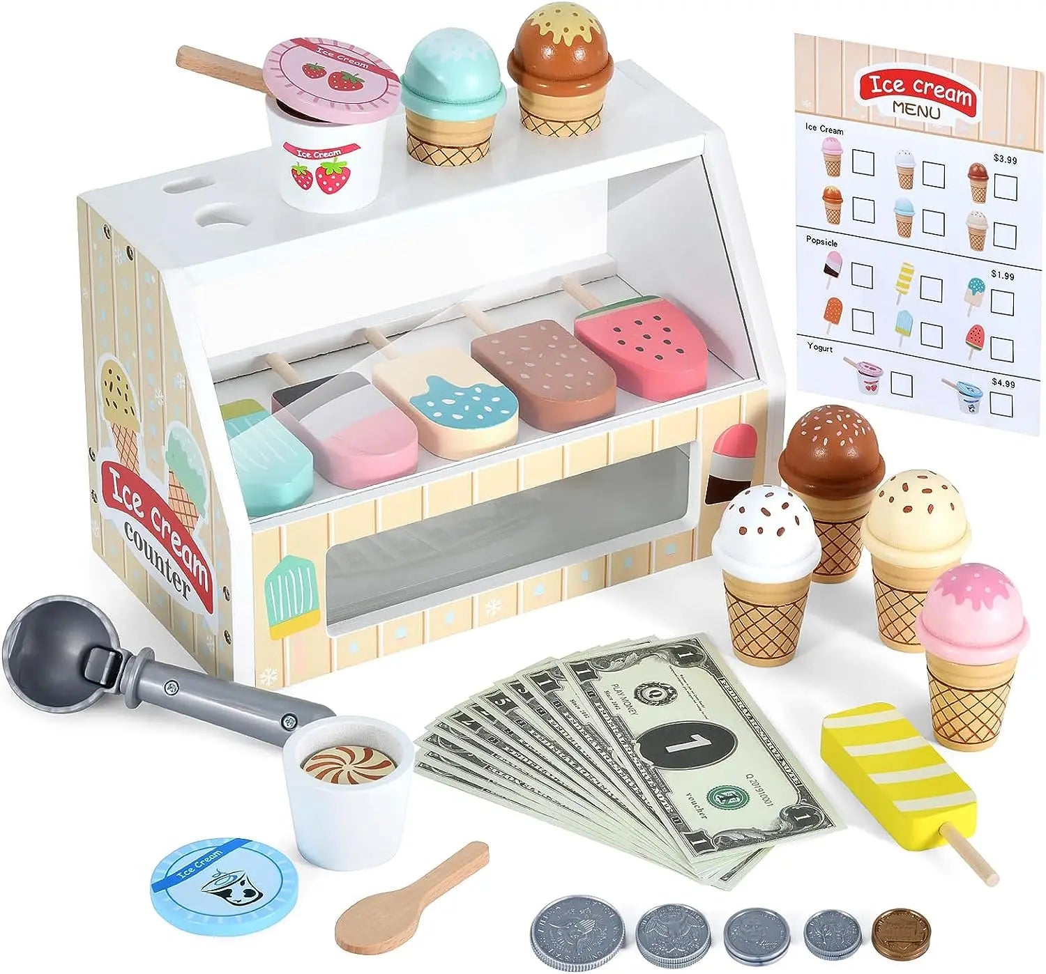 Multi-variant wooden Montessori toy ice cream parlor set for