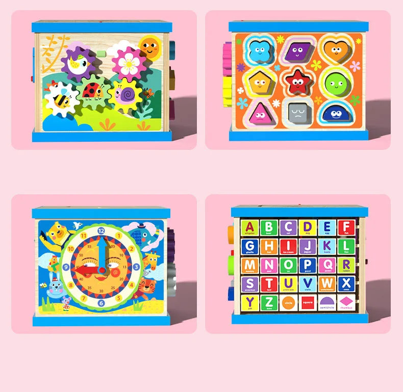 Cub motricitate din lemn cu animale, ceas, forme, litere și culori