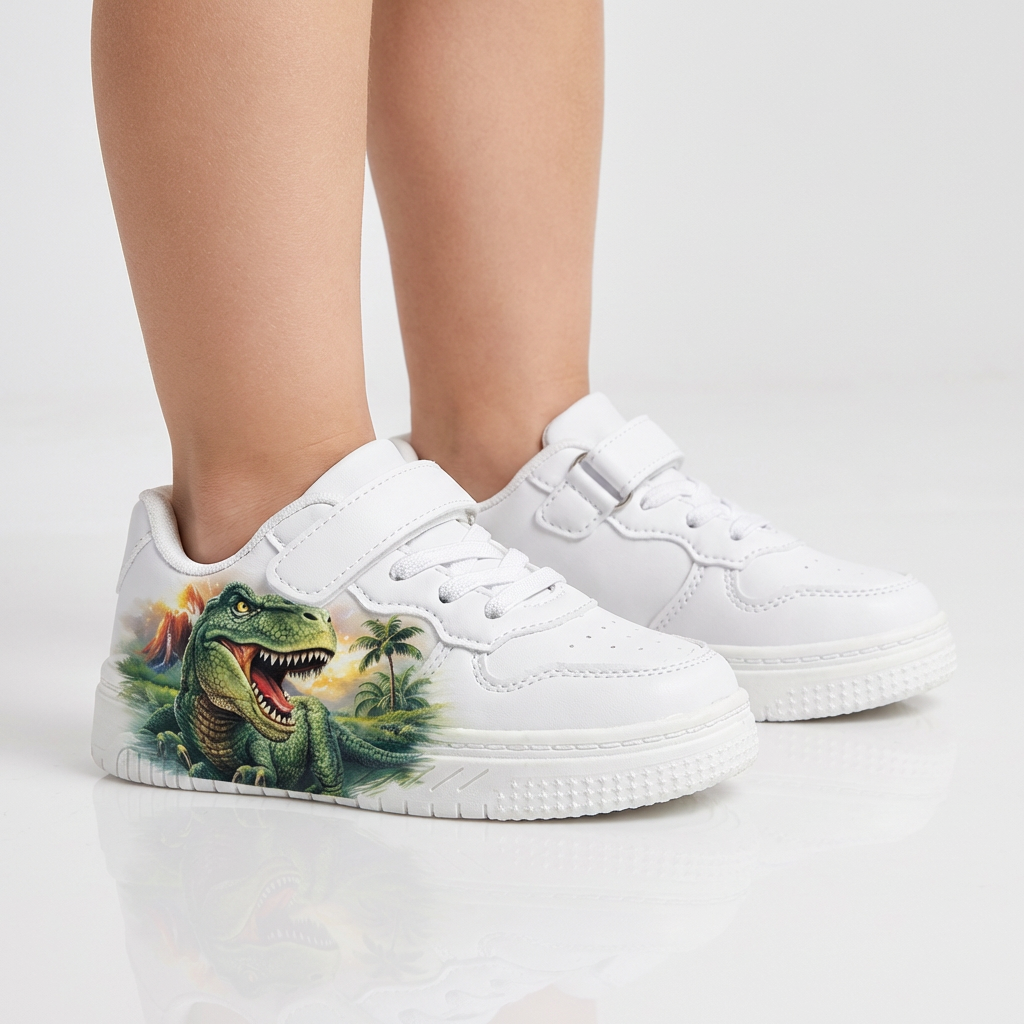 Sneakers Premium Bianche con Dinosauro per Bambini (2–12 Anni)