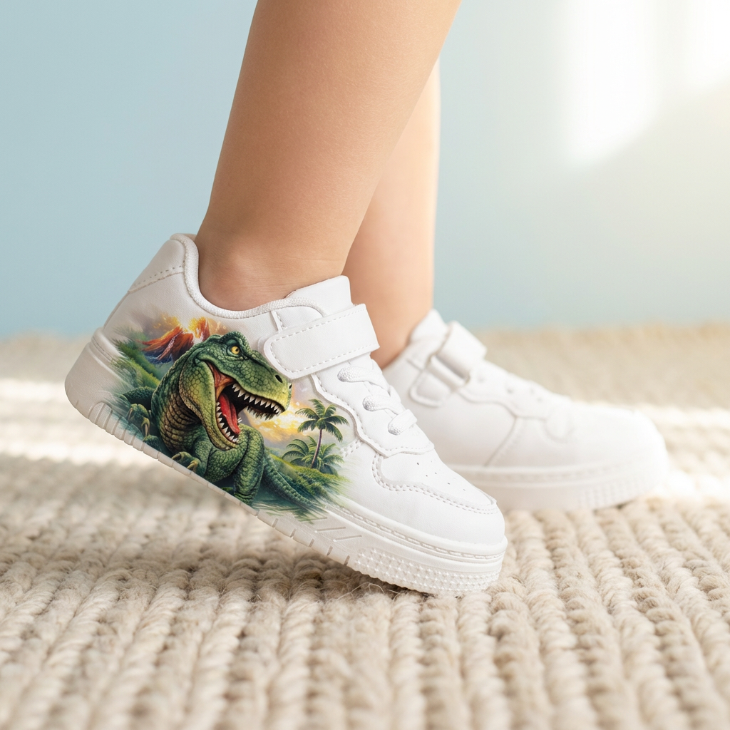 Sneakers Premium Bianche con Dinosauro per Bambini (2–12 Anni)