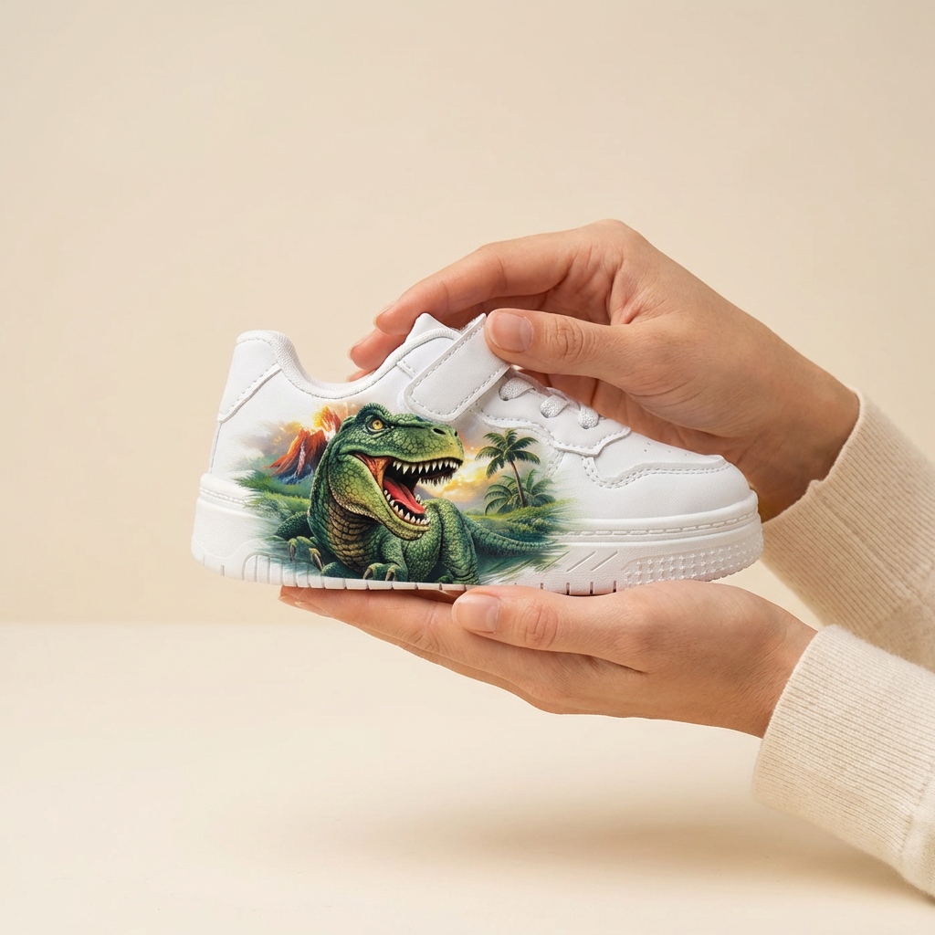 Sneakers Premium Bianche con Dinosauro per Bambini (2–12 Anni)