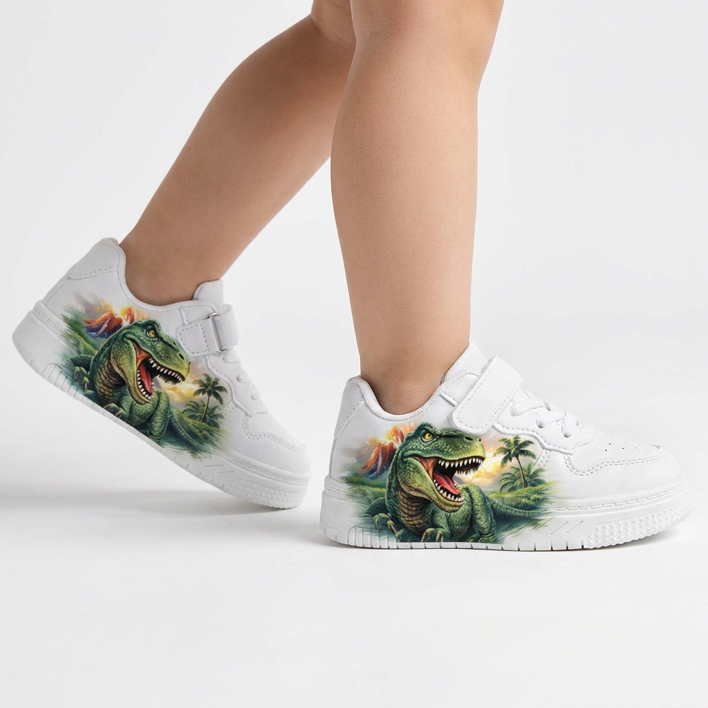 Sneakers Premium Bianche con Dinosauro per Bambini (2–12 Anni)
