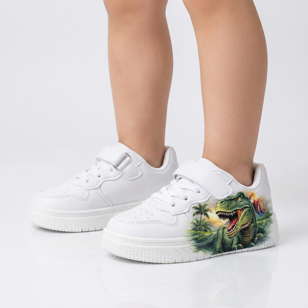 Sneakers Premium Bianche con Dinosauro per Bambini (2–12 Anni)