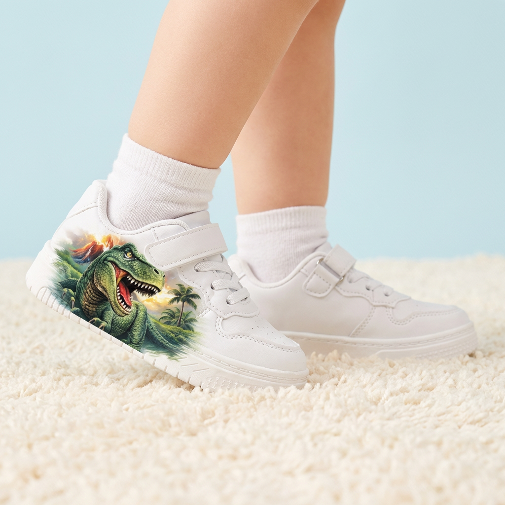 Sneakers Premium Bianche con Dinosauro per Bambini (2–12 Anni)