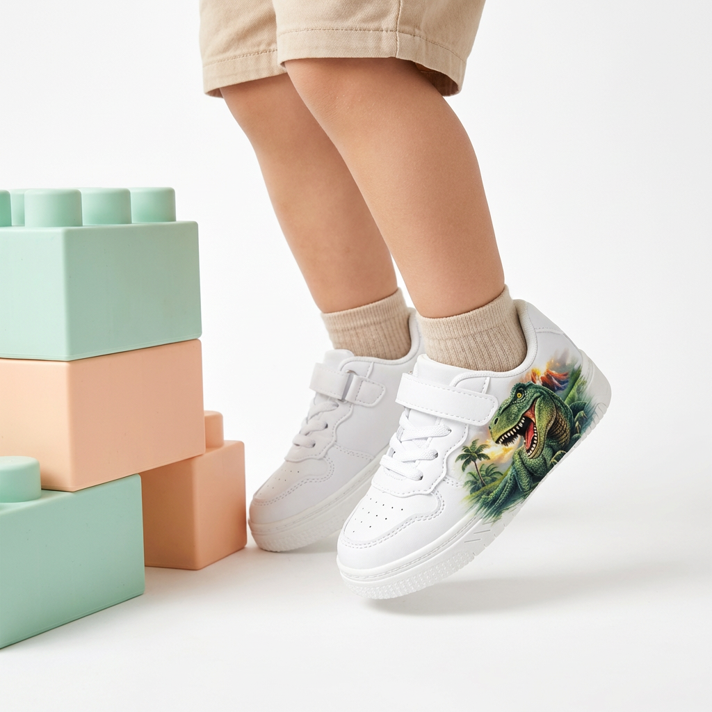 Sneakers Premium Bianche con Dinosauro per Bambini (2–12 Anni)