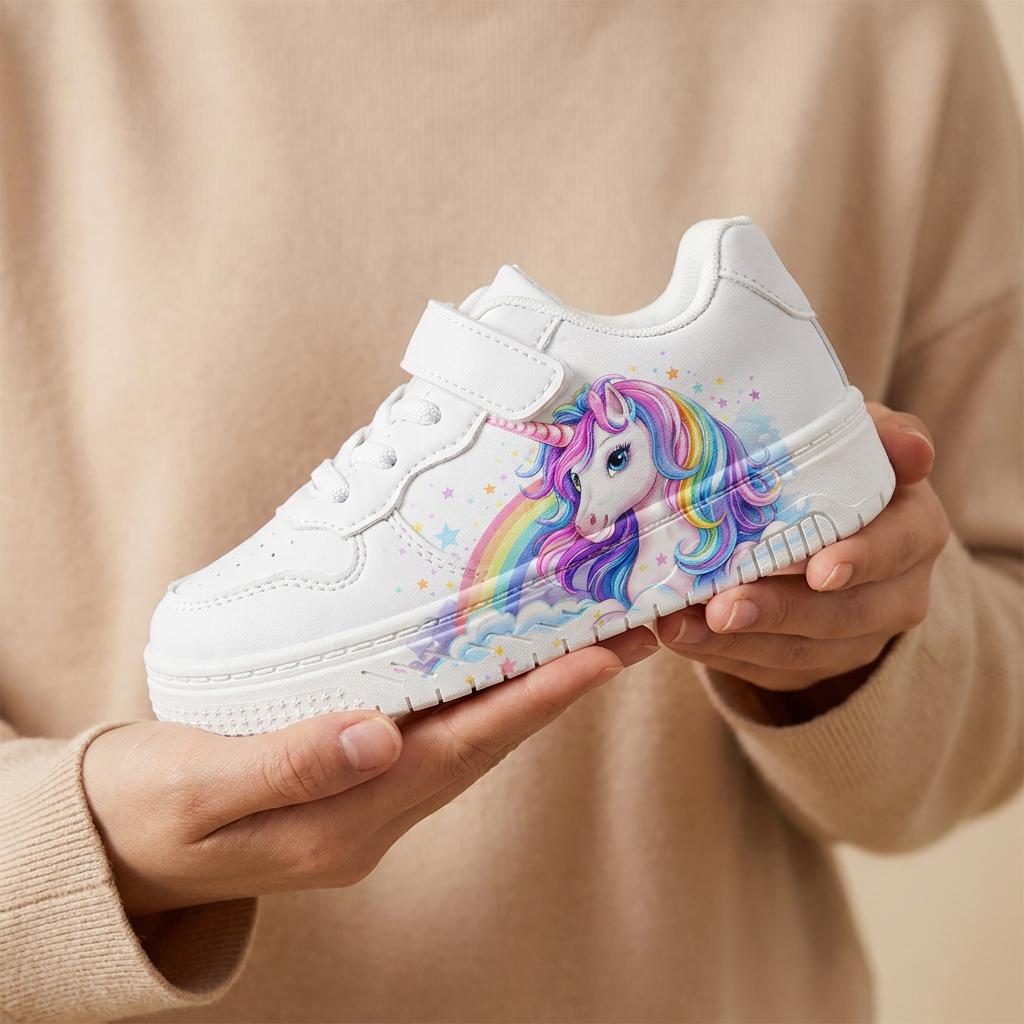 Sneakers Unicorno Arcobaleno e Nuvole per Bambini – 2–12 Anni