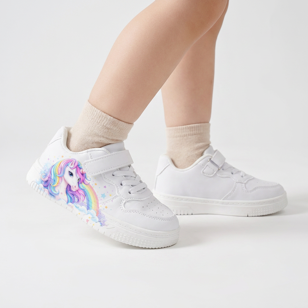 Sneakers Unicorno Arcobaleno e Nuvole per Bambini – 2–12 Anni