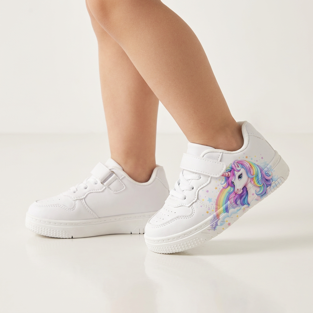 Sneakers Unicorno Arcobaleno e Nuvole per Bambini – 2–12 Anni