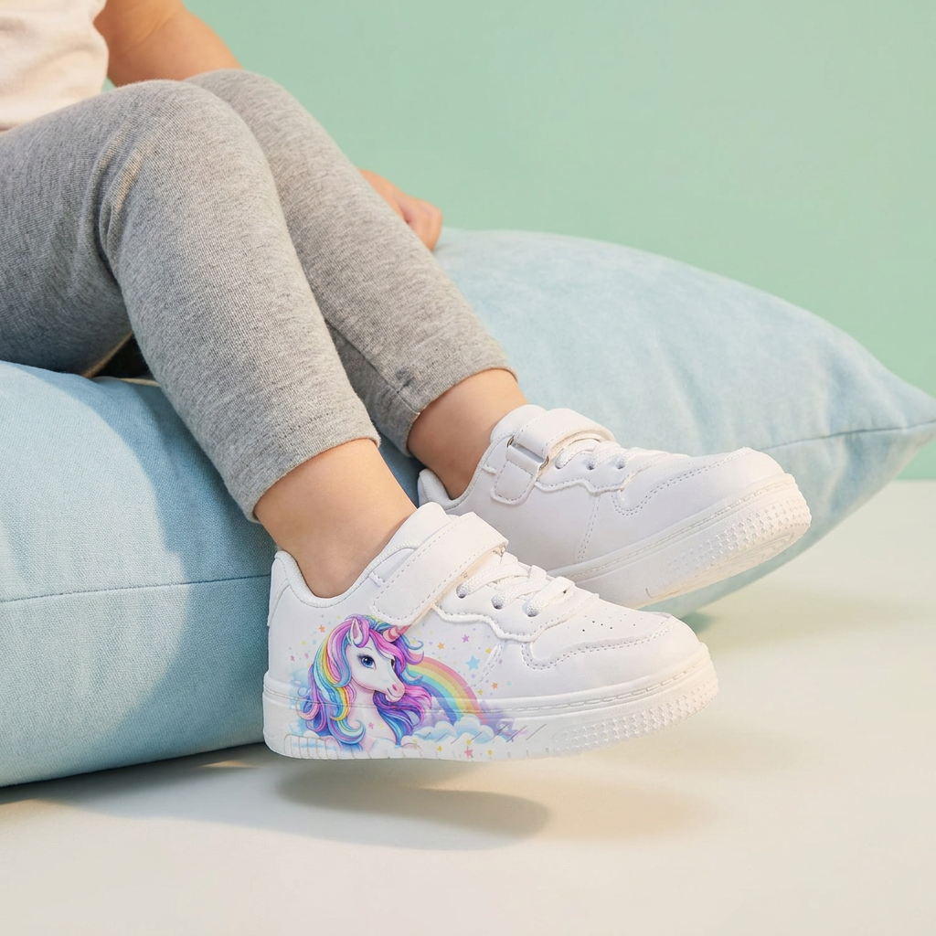 Sneakers Unicorno Arcobaleno e Nuvole per Bambini – 2–12 Anni