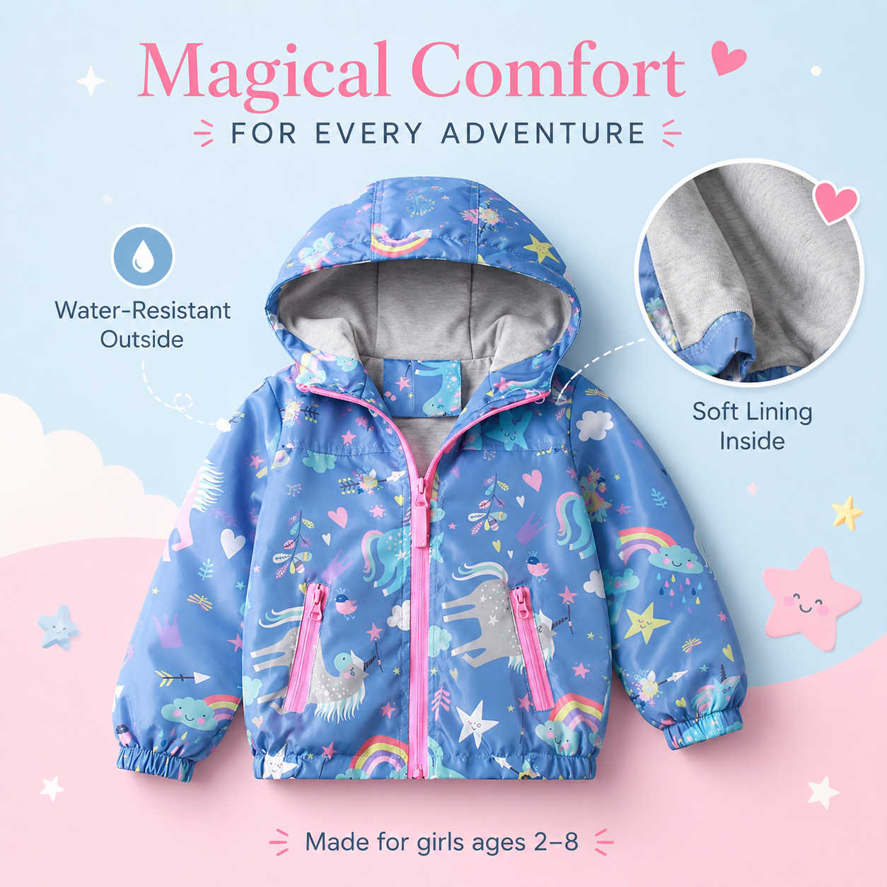 Giacca con Cappuccio Unicorno Arcobaleno da Bambina – 2–8 Anni