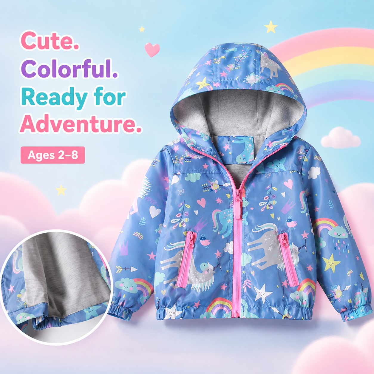 Giacca con Cappuccio Unicorno Arcobaleno da Bambina – 2–8 Anni