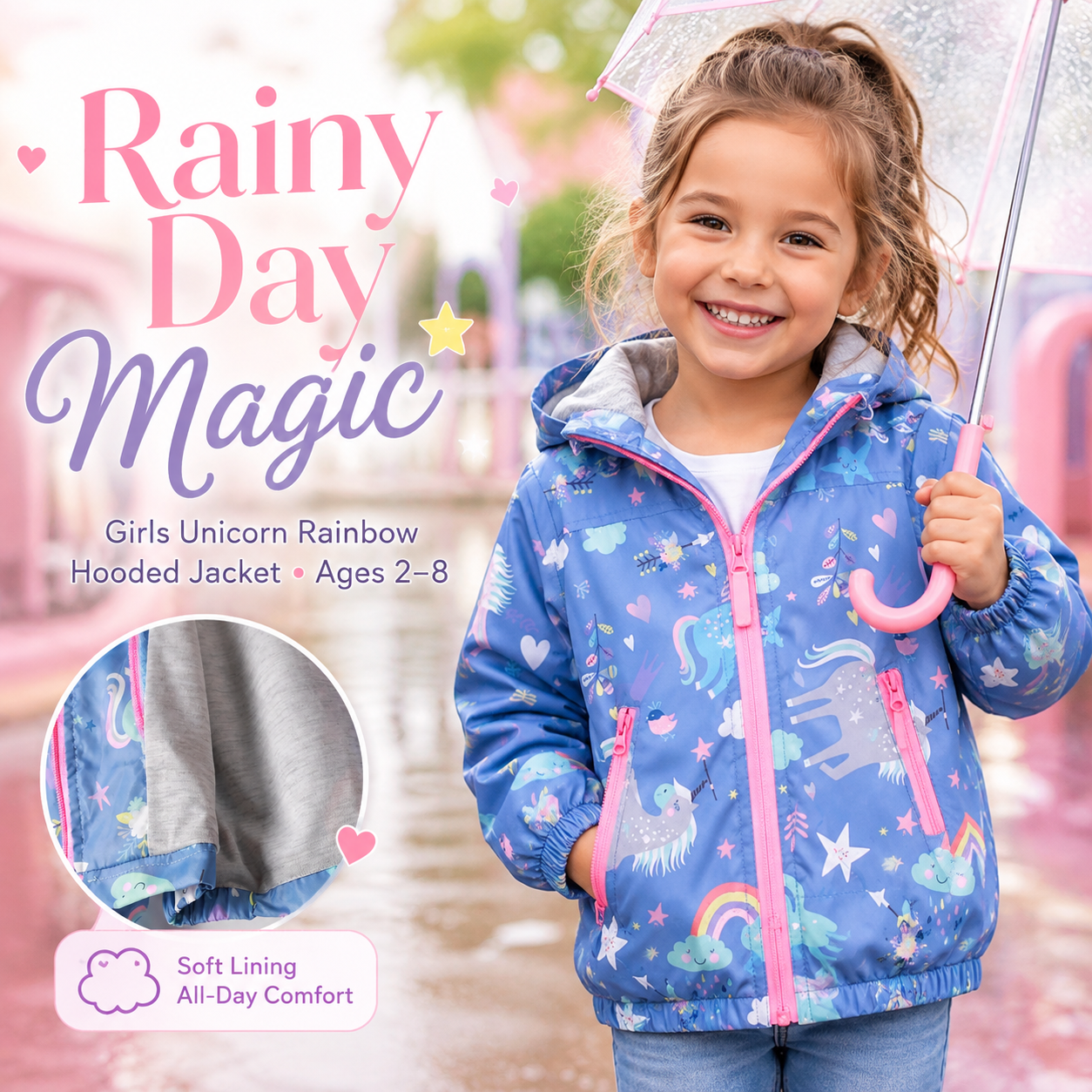 Giacca con Cappuccio Unicorno Arcobaleno da Bambina – 2–8 Anni