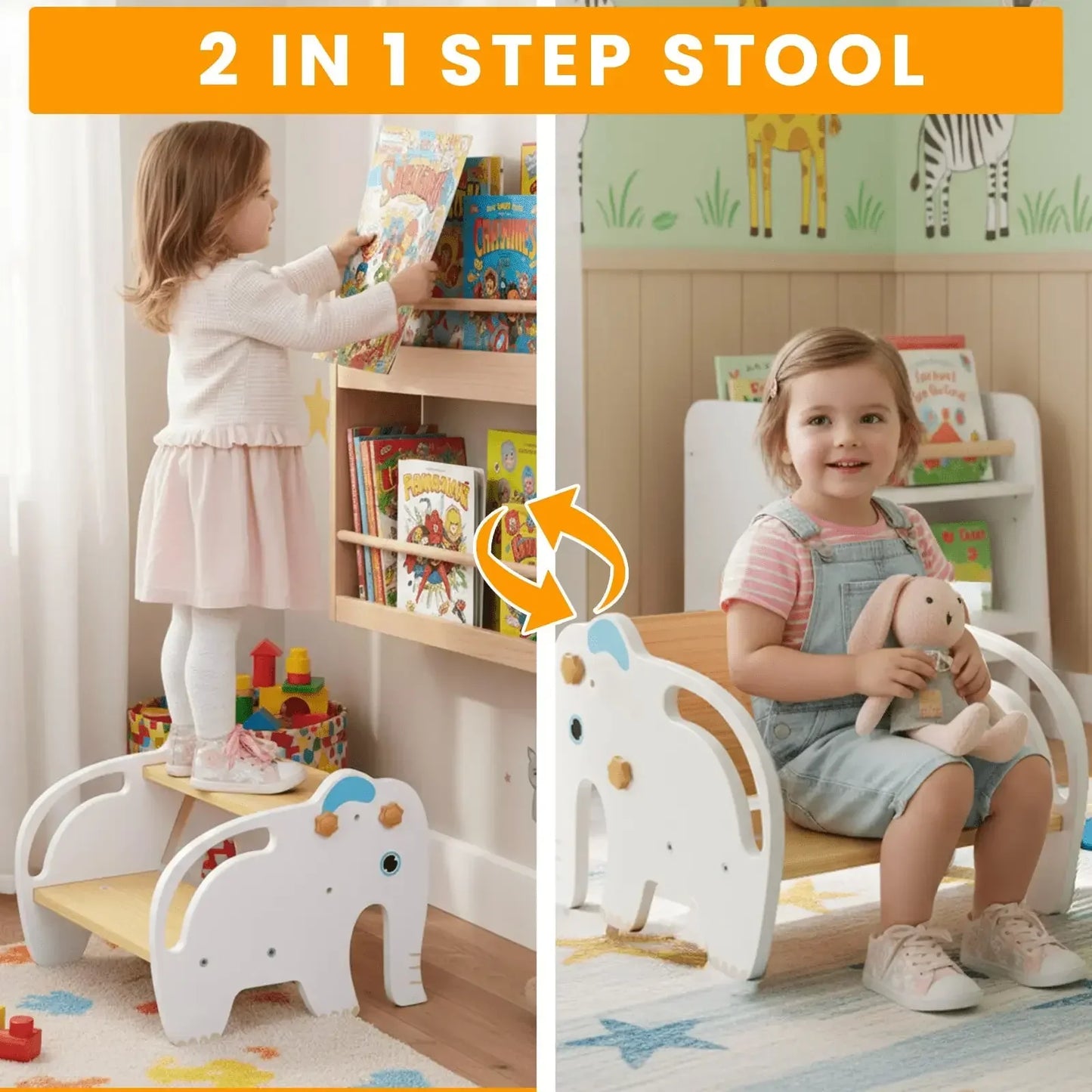 Sgabello e Sedia in Legno 2-in-1 per Bambini