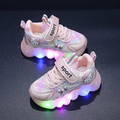 Zapatos deportivos transpirables LED con suela gruesa de dibujos animados para niños