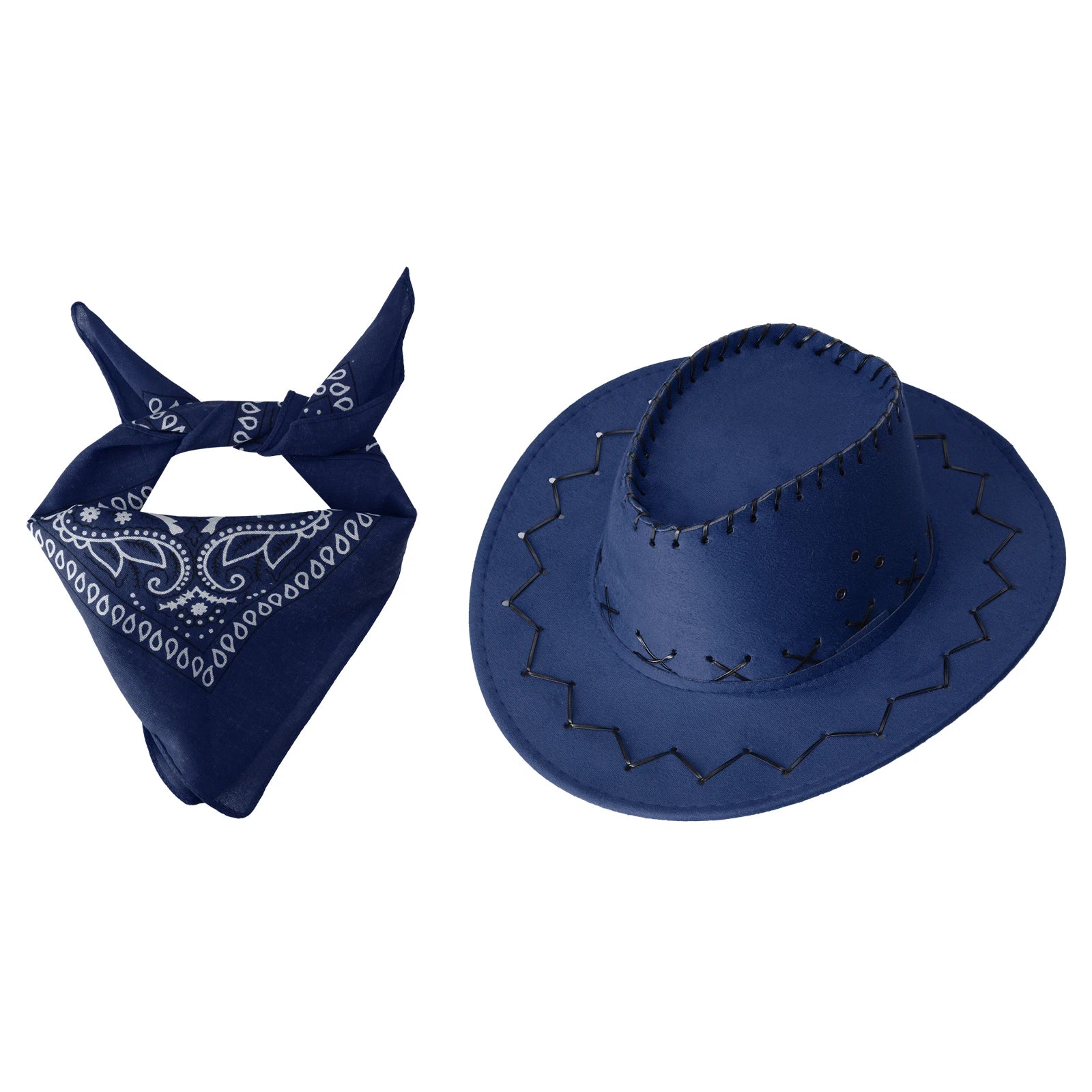 Lot Chapeau De Cowboy Et Bandana - Bleu - 2 Pièces - Fabriqué Aux USA