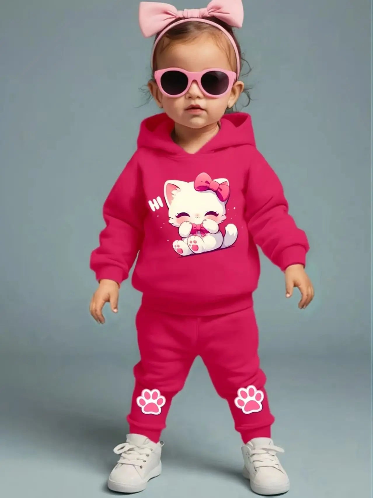 Conjunto de bebê de duas peças - Gatinho rosa - Para bebês de 1 a 3 anos