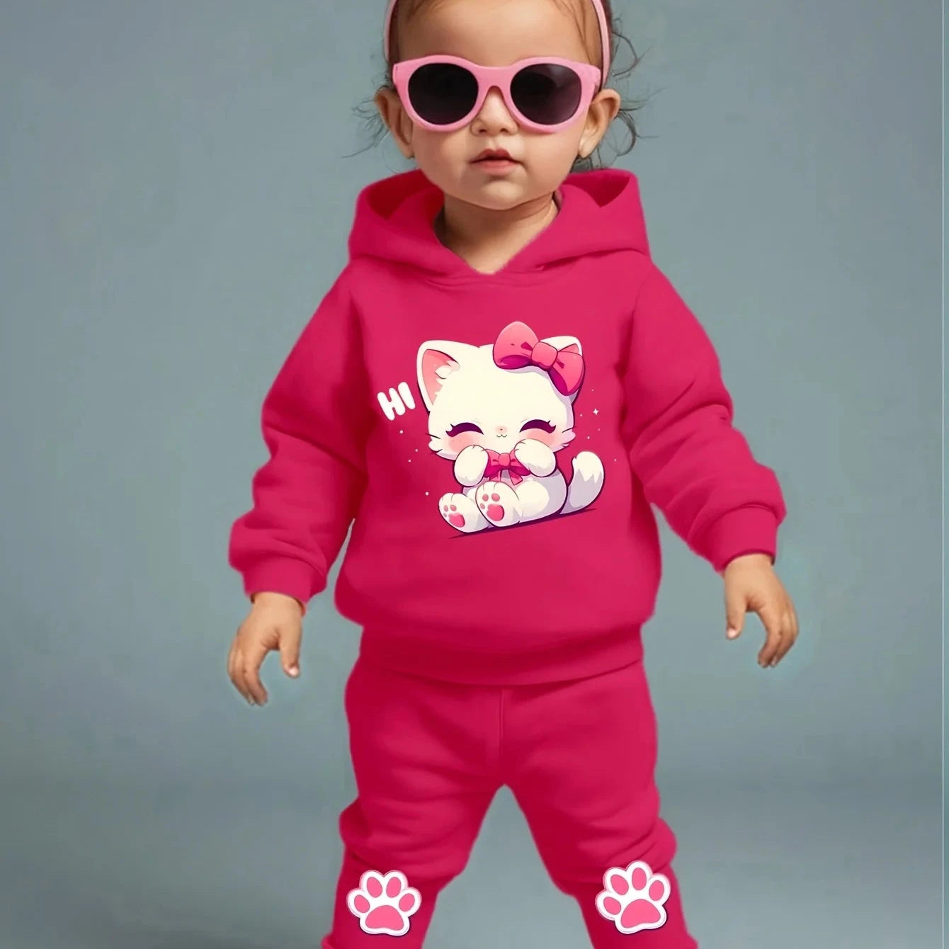 Conjunto de bebê de duas peças - Gatinho rosa - Para bebês de 1 a 3 anos