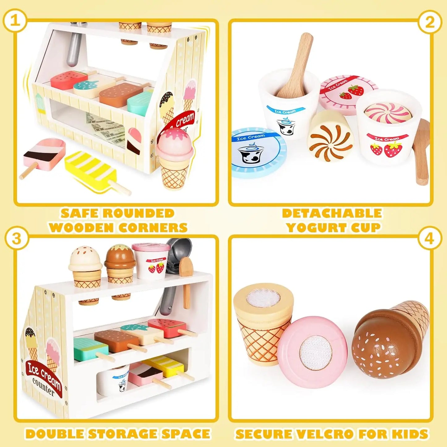 Set gelateria giocattolo montessori in legno per bambini multivariante