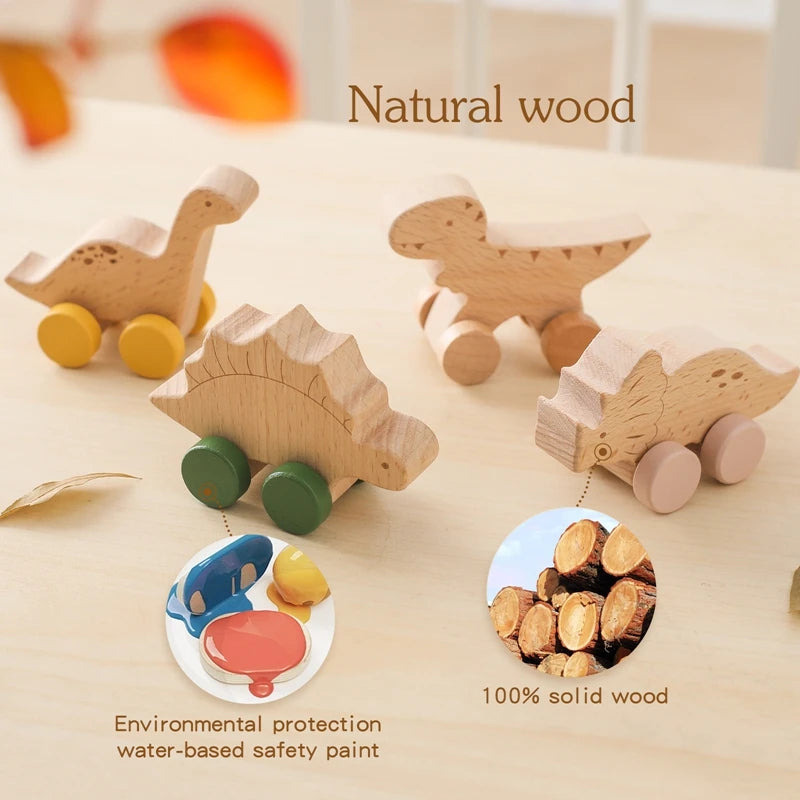 Jouet dinosaure Montessori en bois de hêtre avec roues multivariées