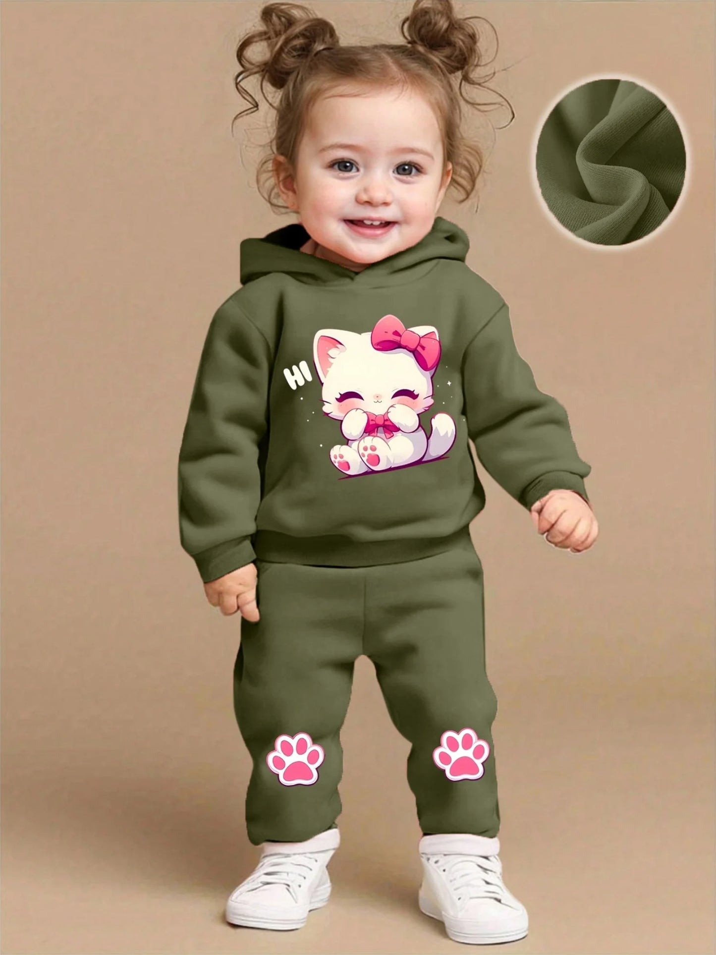 Conjunto de bebê de duas peças - Gatinho rosa - Para bebês de 1 a 3 anos