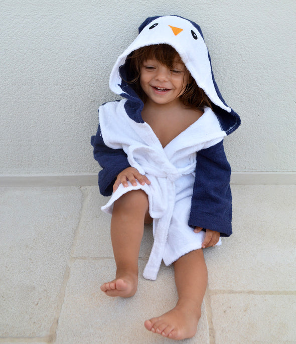 Accappatoio con Cappuccio Bianco Blu Pinguino per Bambini